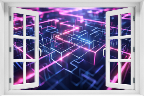 A labyrinth of neon lines and low poly walls, symbolizing the complex pathways of data encryption and security
