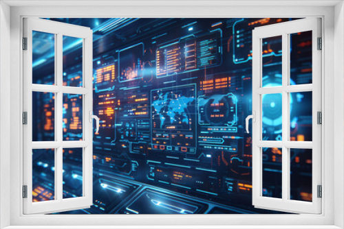 Detailed image of a high-tech control interface with glowing screens and maps, indicative of sophisticated surveillance or command systems.