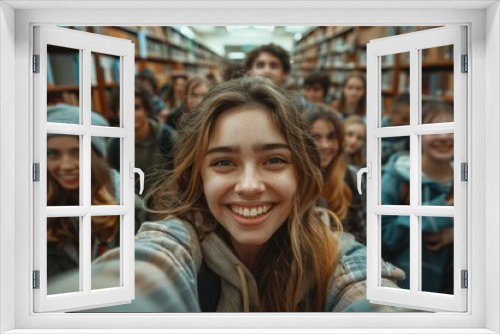 In a library, a person takes a selfie with various readers behind, all faces are intentionally blurred for anonymity