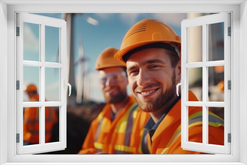 Two wind power engineers installing wind turbines outdoors smiling at camera