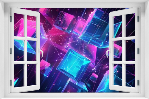 Colorful Holographic Geometric Shapes Stack on Dark Background - 3D Digital Art in Blue, Purple, and Green	

