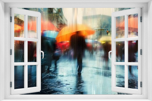 Rainy City Street Scene with Vibrant Umbrella Reflections and Impressionistic Pedestrian Silhouettes