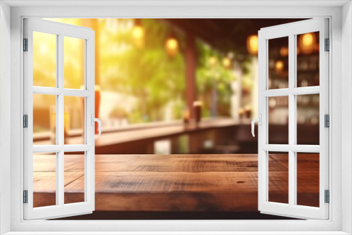 Empty rustic bar restaurant cafe wooden table space platform with defocused blurry pub interior sunny weather autumn summer spring warm cozy house cottage core .