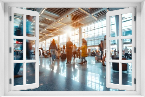 Crowd of blurred busy airport business office workers employment city people market walking modern building rushing bustle culture work banking economic bank urban