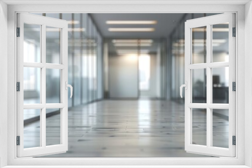 Modern office interior with glass walls, panoramic banner, blurred background