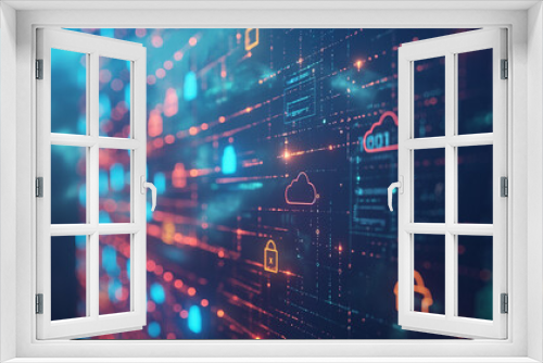 virtual screen with IT and digital technology icons on dark background, concept of network security or cloud services for business using in the style of it posturein blue-orange shades