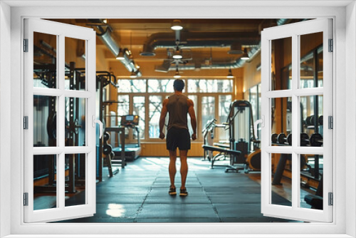 A man exercising and lifting weights in a modern gym.