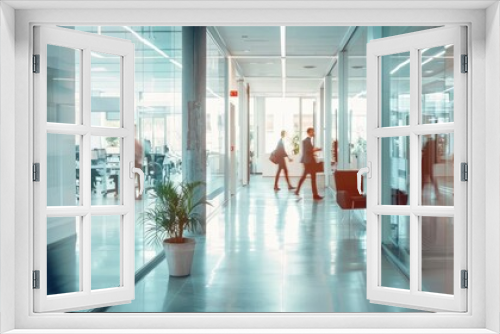 Interior of modern office and employees in company corridor, motion blur effect