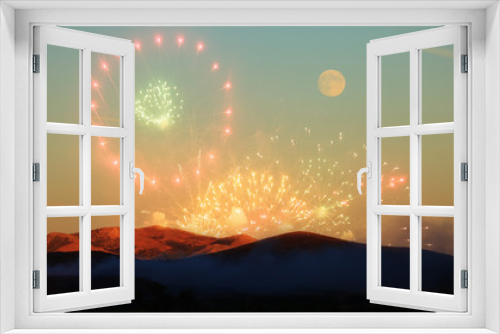 Fototapeta Naklejka Na Ścianę Okno 3D - fireworks and moon