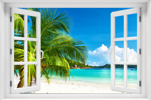 Fototapeta Naklejka Na Ścianę Okno 3D - Beautiful beach with palm tree at Seychelles