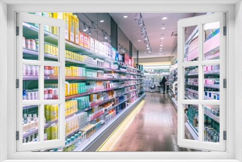 A bustling Korean beauty store, the shelves are lined with rows of brightly printed packaging filled with innovative skincare and cosmetics.