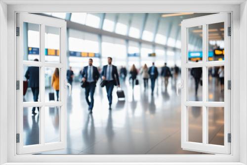 defocused image of people rushing on business at the airport, out of focus, blurred background, city bustle atmosphere
