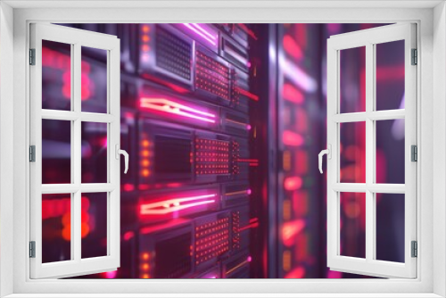 A glowing data center server bank with a depth of field, great for a cloud storage company.  