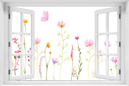 Fototapeta Naklejka Na Ścianę Okno 3D - Watercolor Horizontal Banner with Wildflowers in Pastel Colors