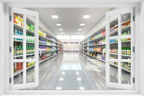 modern supermarket interior with shelves filled with various goods and products 3d illustration