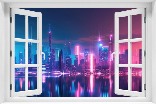 Futuristic cityscape with holographic skyscrapers