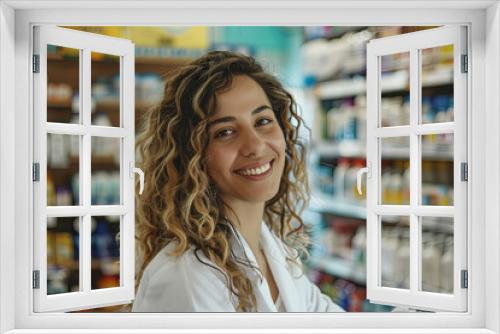 Woman pharmacist offering a friendly smile while working at a pharmacy counter