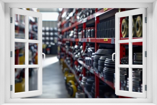 Closeup of shelves in an auto parts store displaying a variety of items under natural light