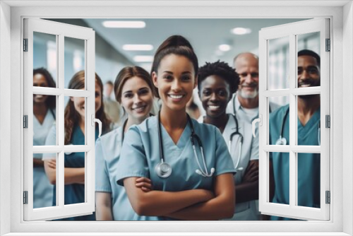 Portrait of a group of happy doctors, nurses, and other medical staff in a hospital.