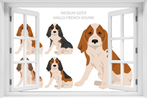 Fototapeta Naklejka Na Ścianę Okno 3D - Medium sized Anglo-French hound puppy clipart. Different poses, coat colors set
