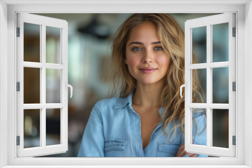 Happy young smiling confident professional business woman wearing blue shirt, pretty stylish female executive looking at camera, standing arms crossed at grey background concept.