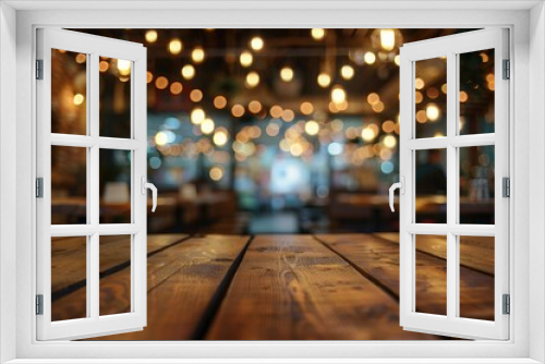 Wood With Lights Background. Empty Tabletop with Bokeh Light in Blurred Dining Environment