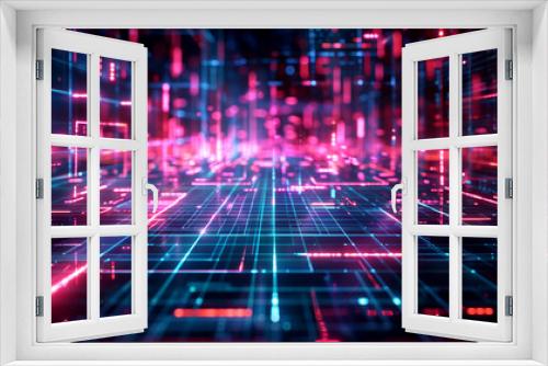 Neon grids and wireframes in a dark pink and blue cyber space, Abstract background