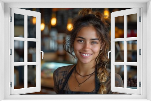 A barista in front of a pastry display offers a warm smile, promoting a welcoming café scene