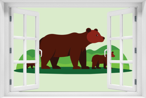 Fototapeta Naklejka Na Ścianę Okno 3D - Brown bear, ursus arctos, mother with two cubs on green meadow with copy space. Wide panoramic banner of wild mammal with her lovely offspring's. Animal wildlife in nature