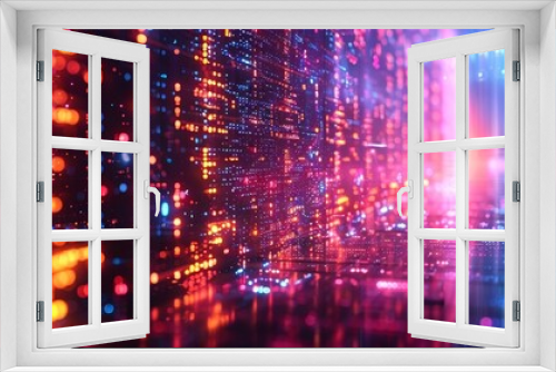 Abstract tech scene, data streams flow through neon lines in a dark digital matrix landscape