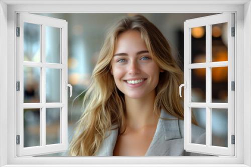 Smiling beautiful elegant businesswoman standing at lobby in a modern business office tower.