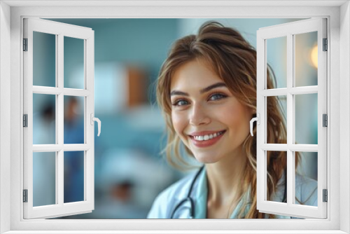 A cheerful young female doctor with an inviting smile in a hospital setting, radiating friendliness