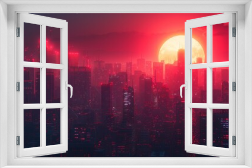 A red sun sets over a dark city.