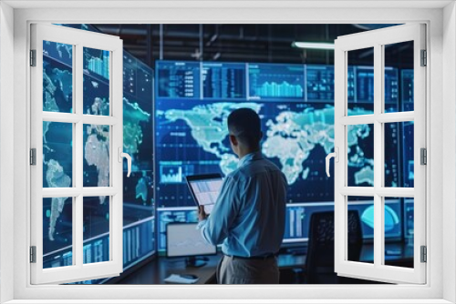 A logistics company control center with maps, shipping routes, and logistic data screens 