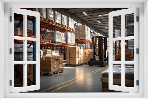 Forklift truck in warehouse. Logistics, transportation and shipping concept