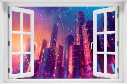 Transform the idea of Profit using a vector digital rendering technique with a tilted angle viewpoint Picture a futuristic cityscape with skyscrapers made of currency symbols and graphs, representing
