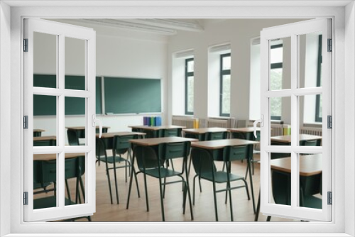 Interior of stylish empty classroom with backpacks and stationery