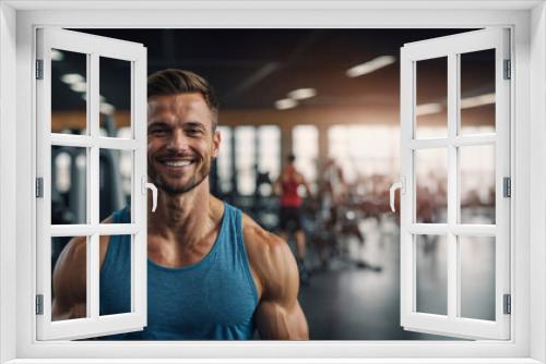 fitness sport man on blur gym background, banner concept