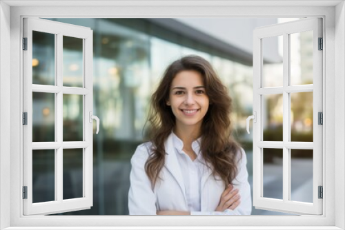 A Visionary Mind at the Forefront of Innovation: A Young Female Scientist Standing Proudly Before the Modern Facade of a Leading Research Center