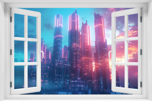 A futuristic city skyline illuminated by neon lights against a backdrop of rich blue and pink tones