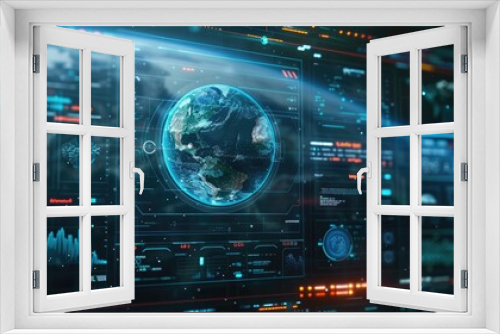 Advanced futuristic display screen featuring holographic representation of Earth and digital telemetry data for computer desktop background