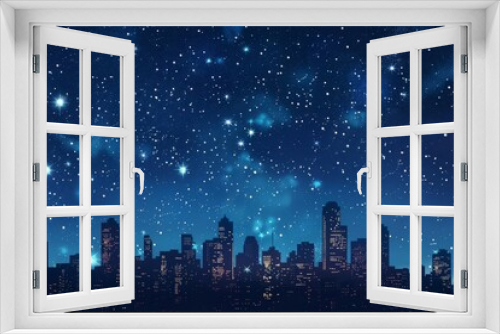 City Skyline at Night  Vibrant illustration of a city skyline at night featuring tall buildings with glowing windows and a dark blue sky filled with stars