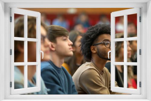 a college classroom, a diverse group of students gathers for an engaging lecture on an academic subject. The room is alive with the sound of voices