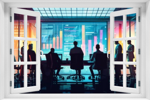 A boardroom scene with executives reviewing business strategies while surrounded by strategic graphs.