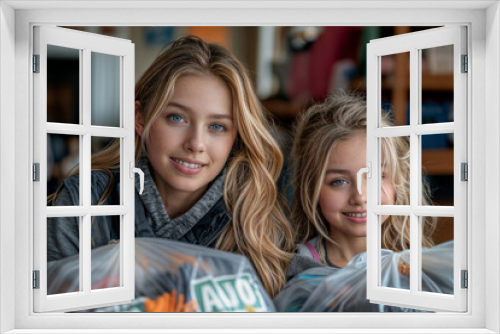 Family recycling activities at home, mother and daughter next to plastic clear bags with clothes