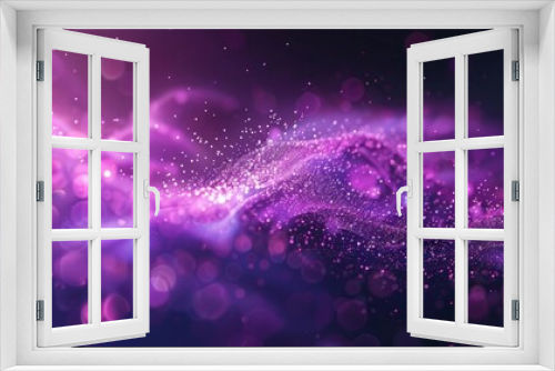 Abstract background of purple energy particles of energy magic waves flying from the wind with the effect of glow and blur bokeh.