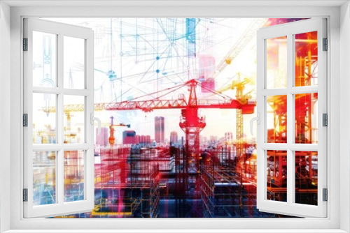 An innovative double exposure featuring construction equipment and tools intertwined with engineering symbols like gears and circuits.