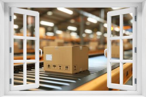 E commerce and logistics  automated warehouse conveyor system with cardboard boxes