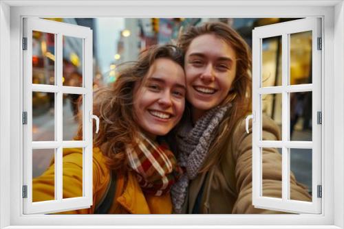 Two smiling young women taking a selfie on a busy city street at night.