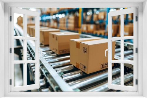 Boxes moving along a conveyor belt in a warehouse